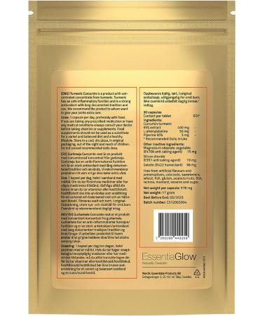 Essentiaglow 30 Turmeric Capsules Joint Health & Flexibility | Natural Inflammatory Inhibitors & Antioxidants | Vegan | 1 Month Supply - Buy Online on GoSupps.com
