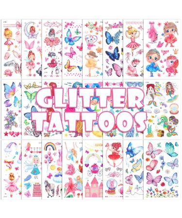 FANOST Glitter Tattoos for Kids Girls  24 Sheets Kids Temporary Tattoos for Girls Mermaid Unicorn Butterfly Princess Little Girl Flower Fairy Fake Tattoos for Kids Party Favors