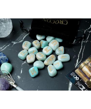 Crocon Amazonite Rune Stones Set - Elder Futhark Alphabet Engraved Symbols for Chakra Balancing | Decorative Stones 10-15mm - Buy Online on GoSupps.com
