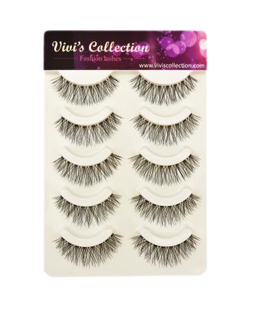 Vivis 5 Pairs Eyelashes Natural Lashes Long Cross Wispies False Black Wispy Doll Lashes Soft Clear Band Handmade Fake Lashes V001