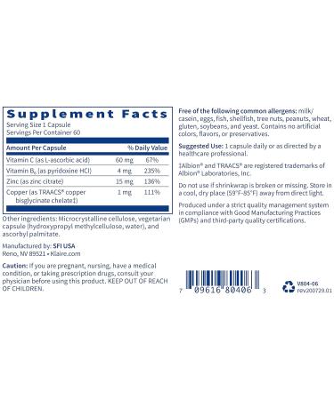 Klaire Labs Zinc Plus Immune Support Supplement - 60 Capsules - Buy Online on GoSupps.com