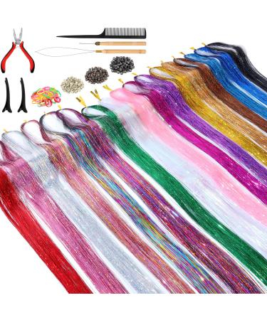 Hair Tinsel Kit (48 Inch  17 Colors  4250 strands)  Tinsel Hair Extensions with Tools  Heat Resistant Glitter Hair Tinsel Kit for Girls Women Hair Accessories