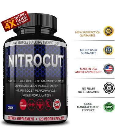 Nitrocut Pre Workout Supplement - 120 Capsules | Nitric Oxide Supplements with l-arginine & l-citrulline for Boosting Muscle Growth & Blood Flow - Buy Online on GoSupps.com