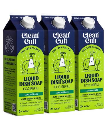 Cleancult Dish Soap Liquid Refills (32oz, 3 Pack) - Dish Soap that Cuts Grease & Grime - Free of Harsh Chemicals - Paper Based Eco Refill, Uses 90% Less Plastic - Lemongrass