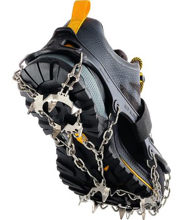 Crampons Ice Cleats for Hiking Boots and Shoes, Anti Slip Walk Traction Cleats, Snow Ice Grippers 19 Spikes and Grips, Safe Protect for Hiking Climbing Fishing Mountaineering Walking - Men Woomen Kids Black / size Large