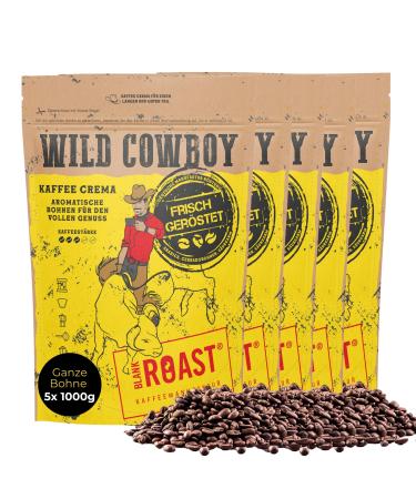 Blank Roast Wild Cowboy Crema - Whole coffee beans - 100% Arabica coffee - gently roasted with hickory wood - acid -low (5x 1000g) entire beans 1 kg (5 pack)