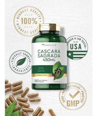 Cascara Sagrada 450mg | 250 Capsules Herbal Supplement | Non-GMO & Gluten Free by Carlyle - Buy Online on GoSupps.com