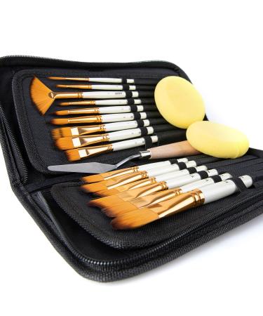 ARTIFY 15 Pieces Paint Brush Set Intermediate Series Includes Pop-Up Carrying Case with Palette Knife and 2 Sponges for Acrylic Oil Watercolor and Gouache Painting - Pearl White - Buy Online on GoSupps.com
