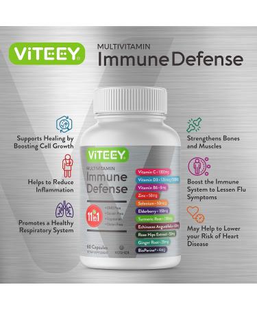 Immune Defense Booster 11-in-1 Supplement with Vitamin C, D3, B6, Zinc, Elderberry, Echinacea, Turmeric, Rose-Hips, Selenium, BioPerine, Ginger - 120 Capsules Total - Buy Online on GoSupps.com
