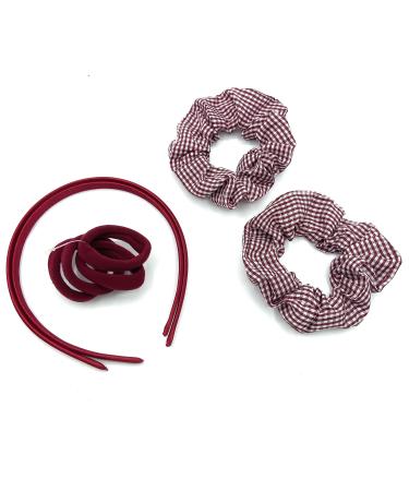 Girls Gingham School Hair Accessories 8 PIece Headbands Bobbles & Scrunchies Set (Burgundy)