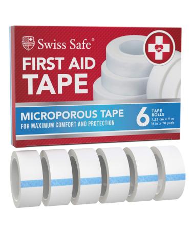 Swiss Safe First Aid Tape, Medical Microporous Surgical Tape, 5/8in Width x 10 Yards Length, Self Adhesive Paper Tape Bandage Rolls (6-Pack)