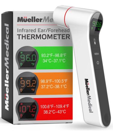 Mueller Ear Forehead Thermometer for Adults and Kids for Fever with Ear Temperature Probe and LCD Display, Non-Contact Body and Surface Thermometer, Auto Shut-Off, Gray White&Grey
