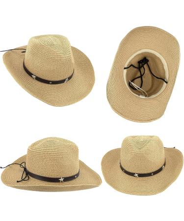 Khaki Straw Cowboy Cowgirl Hat with Wide Brim Sun Protection - Men Women Western Style - Buy Online on GoSupps.com