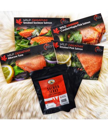 Smoked Salmon Christmas Food Gift Pack Featuring Wild Canadian Salmon and 3 Packs of Salmon Jerky | Food Gift Box (All Salmon Pack With Jerky + 8 oz Tuna)