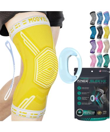 MODVEL Knee Braces for Knee Pain Women & Men - Knee Brace for Knee Pain Set, Knee Brace Compression Sleeve, Knee Braces for Knee Pain Meniscus Tear, ACL & Arthritis Pain Relief - Knee Sleeves Large Yellow