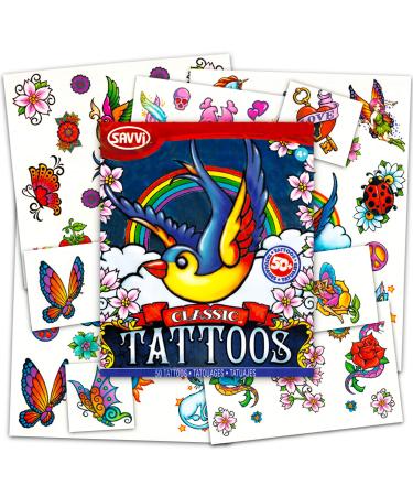 American Traditional Temporary Tattoos for Women Men Adults -- 50 Bold Classic Tattoos with Vintage Designs