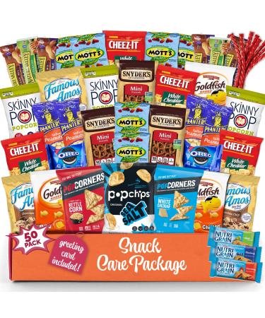 Snack Box Variety Pack (50 Count) Candy Gift Basket - College Student Care Package, Prime Food Arrangement Chips, Cookies, Bar's - Ultimate Birthday Treat for Women, Men, Adults, Teens, Kids