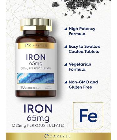 Iron Ferrous Sulfate 65 mg 400 Tablets Non-GMO Gluten Free Vegetarian Supplement by Carlyle - Buy Online on GoSupps.com