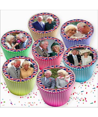 KING CHARLES CORONATION CROWNING CAMILLA UNION JACK EDIBLE CUPCAKE TOPPERS x 24