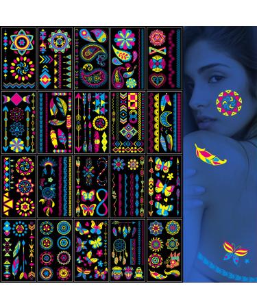 Glow in The Dark Temporary Tattoos 20 Sheets Glitter Styles Flower Mandala Butterfly Feather UV Neon Tattoos Stickers Body Face Fake Tattoo Markers for Women Men Party Supplies
