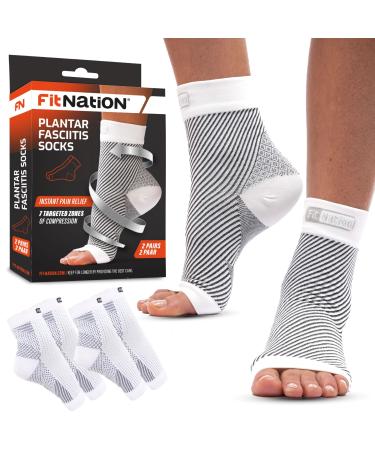 Fit Nation Plantar Fasciitis Support Socks for Weak Ankles Arches Heels (2 PAIRS) Ultimate Compression Sleeves For Your Aching Feet For Running - Get That Spring Back In Your Step L-XL White