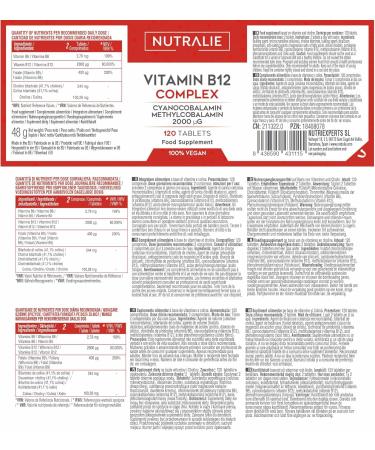 Vegan Vitamin B12 2000mcg Methylcobalamin and Cyanocobalamin | High Potency and No Additives | Reduction Fatigue and Formation Red Blood Cells with B9 and B6 | 120 Vegan Tablets Nutralie - Buy Online on GoSupps.com
