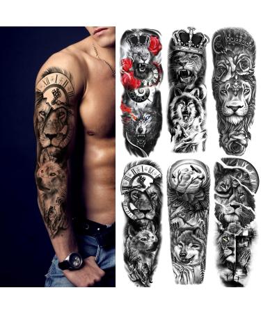 Kotbs 6 Sheets Realistic Lion King Long Full Temporary Tattoos for Women Men Kids Adults, Large Wolf Animal Fake Temporary Tattoo Sleeves Waterproof Leg Arm Temp Tatoos Fake Tattoos
