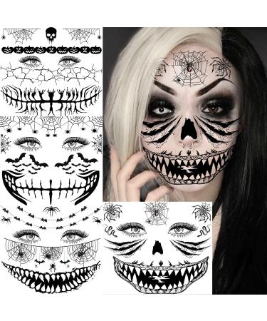 EGMBGM 4 Sheets Scary Halloween Face Temporary Tattoos For Women Men  3D Witch Zombie Makeup Kit For Kids Girls Boys Adults  Dia de los muertos Day of the Dead Makeup Face Tattoos Spider Web Bat Scar