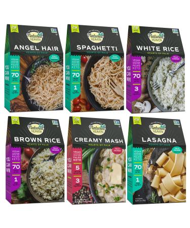 Natural Heaven Hearts of Palm Healthy Food Variety Pack Pasta And Rice (Angel Hair, Spaghetti, Lasagna, White rice, Brown Rice, Creamy Mash - 1 of Each) | Gluten-Free | Low Carb - 4g of Carbs | Keto Food | Paleo | Vegan | …