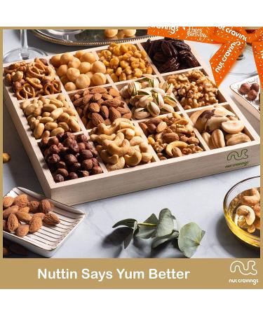 Happy Birthday Gourmet Nuts Gift Basket in Wooden Tray | 12 Assortments, Kosher Snacks for Men, Women | Healthy Care Package with Orange Ribbon - Buy Online on GoSupps.com