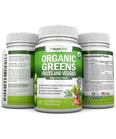 Organic Super Greens Capsules - Fruit And Vegetable Supplements - 120 Count - 28 USDA Organic & Vegan Premium Ingredients - Superfood Blend For Immune Health Digestion & Energy - Whole Food Vitamins - Buy Online on GoSupps.com