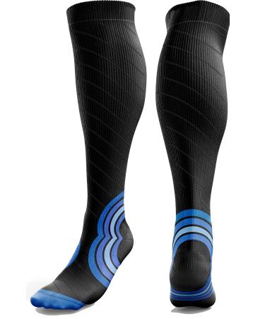 aZengear Compression Socks (20-30mmHg) Anti DVT Air Flying Knee-High Flight Travel Stockings Swollen Legs Varicose Veins Running Shin Splints Calf Pressure Support Sports S/M Black w/Blue