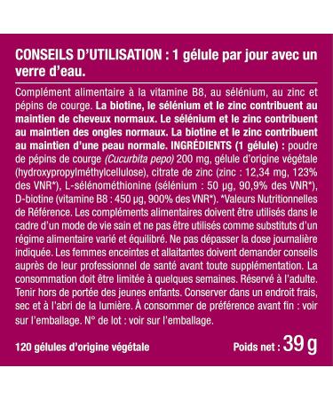 Biotin | Excipient Free | Accelerates Hair & Nail Growth | With Vitamin B8 Pumpkin Seed Zinc and Selenium | 120 Vegan Capsules | Made in France | Nutrimea - Buy Online on GoSupps.com