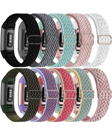 UHKZ 10 Pack Elastic Bands Compatible with Fitbit Charge 4/Charge 3/3SE for Women Men,Adjustable Stretchy Sport Strap Soft Nylon Replacement Wristband C-Pack For Charge 4/3/3 SE