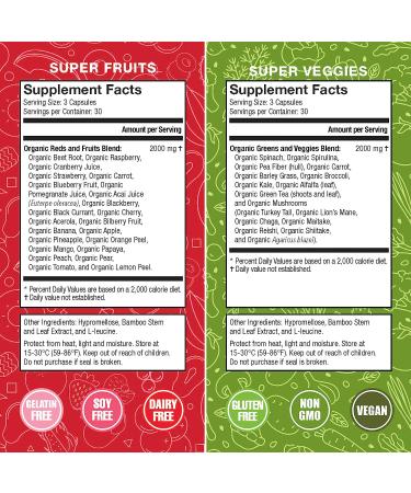 Terra Kai Organics Organic Super Fruits and Veggies Supplement | Reds and Greens Superfood Capsules | 23 Fruits & 16 Vegetables | Non GMO, Gluten/Gelatin/Soy Free, Vegan (180 Count) - Buy Online on GoSupps.com