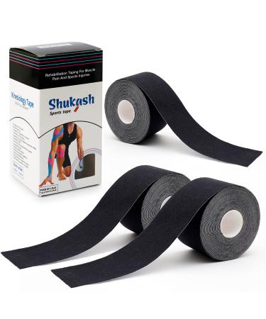 Shukash Kinesiology Tape 19.7ft Uncut Per Roll Muscle Support Tape for Sports Injury and Recovery Physio Tape Sports Strapping Athletic Tape Waterproof for Ankle Knee Shoulder 3 Rolls Black