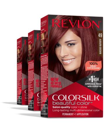 Permanent Hair Color by Revlon Permanent Red Hair Dye Colorsilk with 100% Gray Coverage Ammonia-Free Keratin and Amino Acids Red Shades (Pack of 3) 49 Auburn Brown