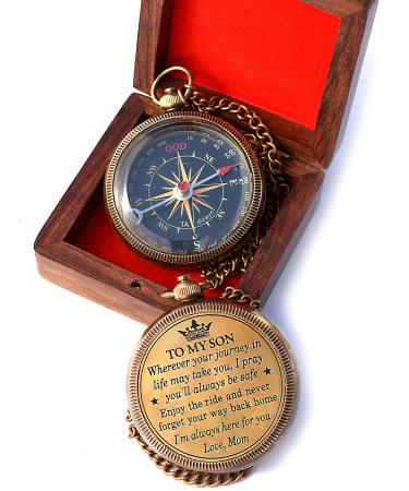 to My Son Compass with Wooden Box -Mom to Son Compass  to My Son Love Mom  Mother to Son Gifts - Graduation Day Gifts for Son - Son Birthday Gifts - Confirmation Gifts for Son-Gift for Students
