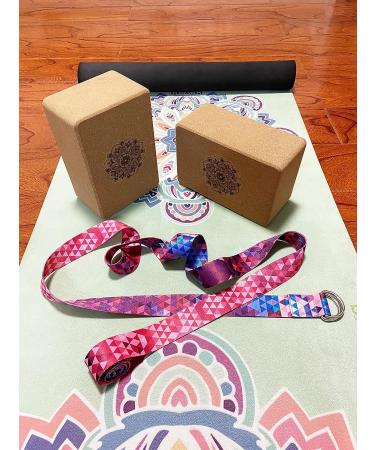 Aozora Cork Yoga Block 2 Pack and Yoga Strap Set - Sustainable & Eco-Friendly - Natural Cork for Support, Balance & Comfort - Mandala Design - 9*6*4 - Buy Online on GoSupps.com
