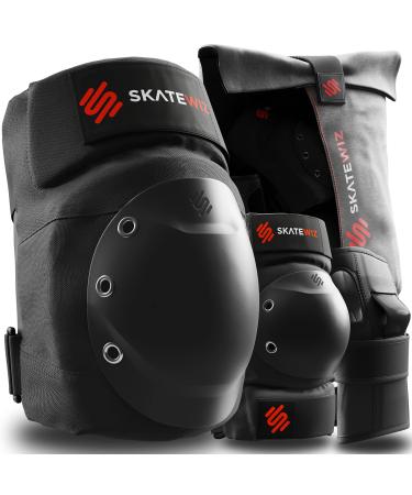 SKATEWIZ Skateboard Pads Adult 6pc Shield Elbow Pads and Wrist Guards Protective Gear for Women and Men - for Skateboarding, Rollerblading, Scooter and Bicycle BLACK M/L