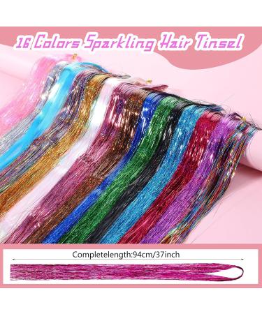 PEOVLVN 16 Colors Hair Tinsel Kit 35 Inch Glitter Hair Tinsel Heat Resistant Tinsel Hair Extensions Fairy Hair Tinsel Kit with Tools for Girls Women Christmas New Year Halloween Cosplay - Buy Online on GoSupps.com