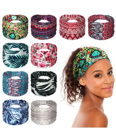 Yougulu 10 Pieces African Headband Boho Wide Bandeau Headbands Wide Turban Knot Elastic Headband Stretchy Turban Large Headwrap Fabric Head Bands Athletic Sport Beach Hair Accessories for Women Girls
