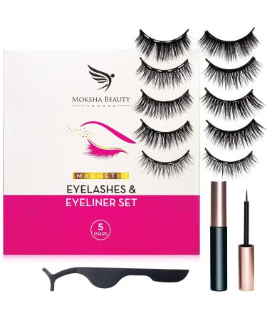 Magnetic Eyelashes False Eyelashes Natural Look Eyeliner Kit - 5 Pairs Reusable 3D with Tweezers | No Glue Waterproof Eyeliner