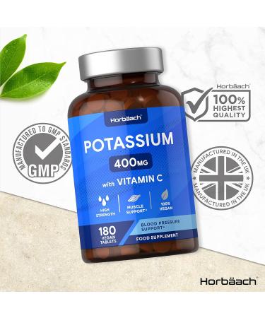 Potassium Supplement 400mg with Vitamin C | 180 Vegan Tablets | Potassium Chloride for Normal Blood Pressure & Muscle Support | No Artificial Preservatives | by Horbaach - Buy Online on GoSupps.com