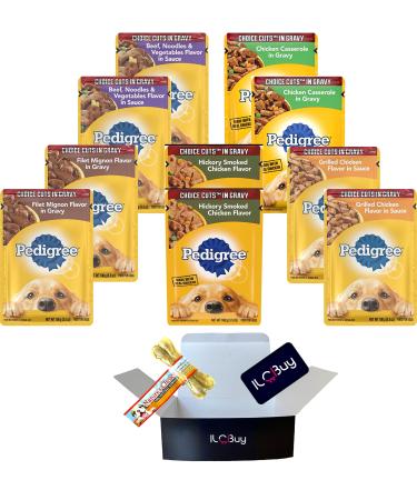 Pedigree Dog Food Wet Bundle, Choice cuts in Gravy, Assorted Flavors Filet, Beef and Chicken. Soft Dog Food.Total 10 Pouches, Plus a 01 Nature's Choice Pressed Bone and 01 ILC Buy Magnets Fridge.