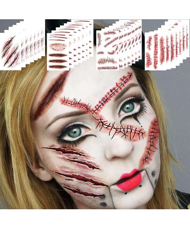 EGMBGM 128+ PCS Halloween Fake Stitches Temporary Tattoos Kit | 3D Zombie Makeup for Adults & Kids | Scary Chucky Scars & Blood Face Stickers - Buy Online on GoSupps.com