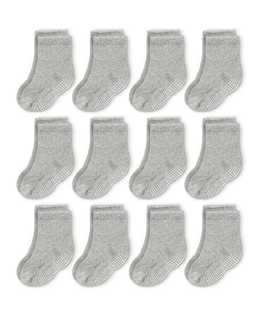 CozyWay Kids Non Slip Cotton Crew Socks Baby Socks Toddler Socks Anti Skid With Grips Striped for Children Toddler Boys & Girls 3-5 Years Grey 12 Pairs