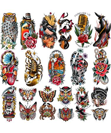 77 Sheets Classic Temporary Tattoos Old School Vintage Colorful Realistic Half Arm Fake Tattoo Stickers Flower Butterfly Snake Owl Shark for Men Women and Kids Tattoos