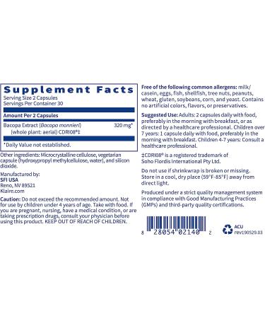Klaire Labs Acumen Cognitive Support Supplement with Bacopa Monnieri Extract - Memory Support - Gluten-Free & Hypoallergenic - 60 Capsules - Buy Online on GoSupps.com