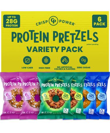 CRISP POWER Protein Pretzels Variety Pack With Sea Salt Sesame & Everything Up To 28G Protein High Protein Snack High Fiber Low Carb Crunchy Pretzel Snacks No Added Sugar 1.75 oz Bags 6 Pack Vegan Keto Variety 1